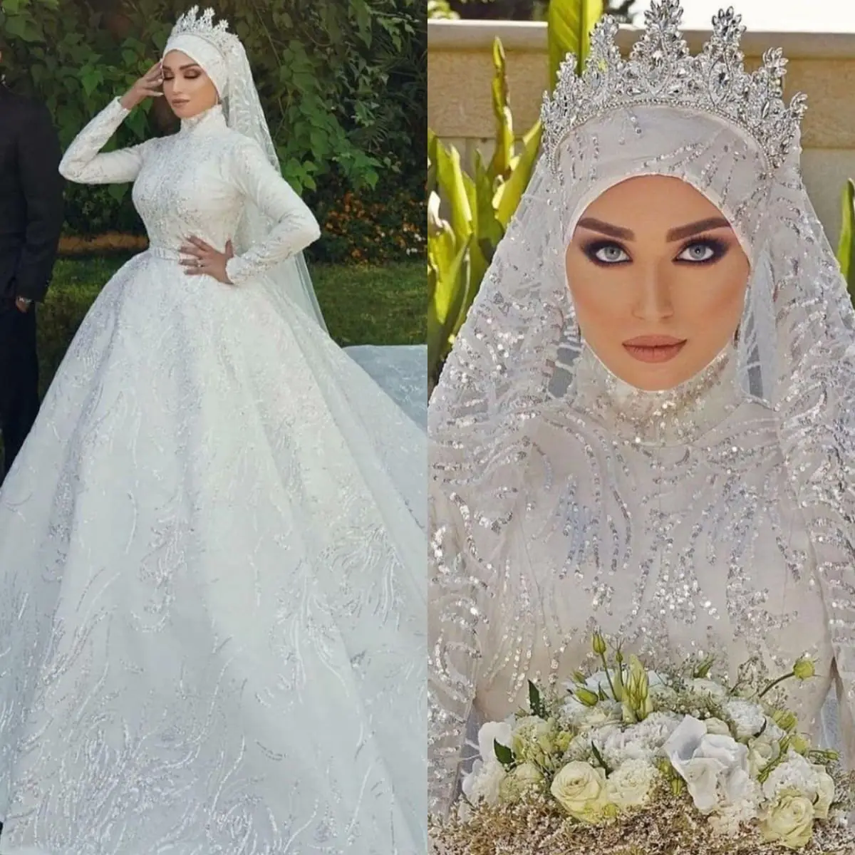 Customized Sequins Muslim Wedding Dresses Long Sleeves Beading Plus Size Bridal Gowns Arabic Luxury Robes De Mariée