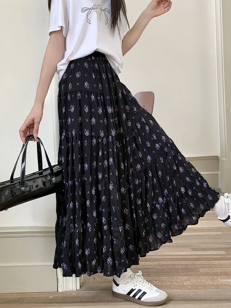 Wrinkled Black Pleated Skirt Women Floral Skirt Spring Summer Korean Style High Waisted A-Line Long Skirts Midi falda plisada
