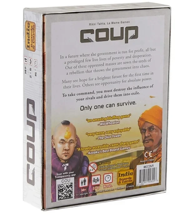 Indie Boards and Cards | Coup | Card Game | Ages 14+ | 2-6 Players | 15 Minute Playing Time