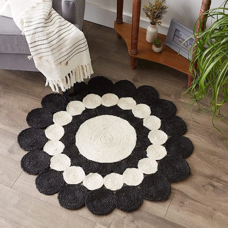 

Rug Round Carpet 100% Natural Jute Handmade Floor Mat Minimalist Black and White Style Living Room Bedroom Area Rug