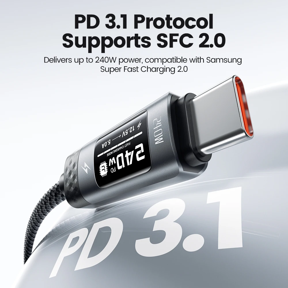 Kabel do szybkiego ładowania Toocki 240W z wyświetlaczem OLED PD3.1, kabel USB-C do USB-C do iPhone 17 16 15 Samsung — zdjęcie produktu 5