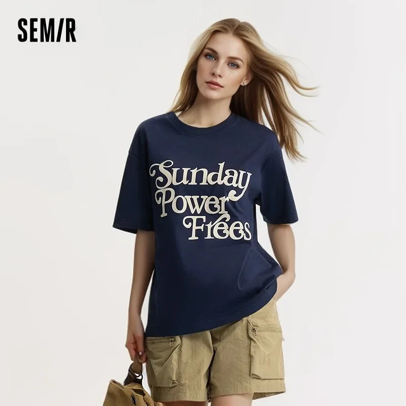 SemirShort Sleeve T-Shirt Women Medium-Length Round Neck Drop Shoulder Loose Simple 2024 New Summer Fashion Letter Pullover T sh