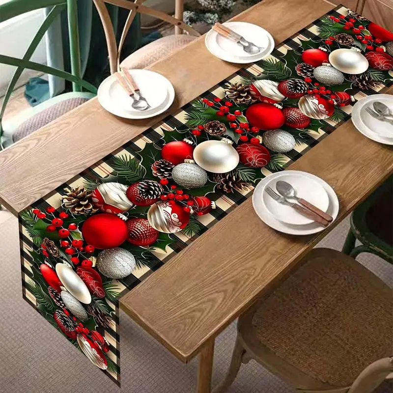 VIKAMA Christmas Table Runner Red Silver Xmas Baubles Pinecone Holly Berry Buffalo Plaid Winter Holiday Dining Table Flag