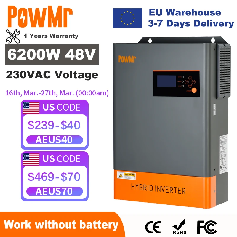 PowMr 6,2 kW hybride zonne-omvormer 48V 220V off-grid omvormer met MPPT 120A oplader werkt zonder batterij parallel tot 12 eenheden