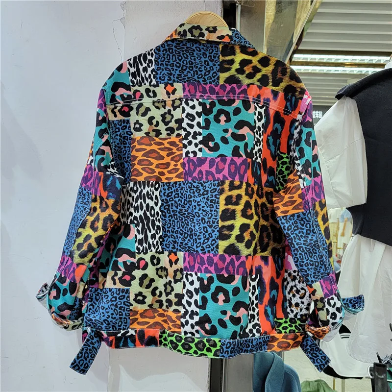 Heavy Work Rivet Beading Leopard Print Denim Jacket Women Short Cowboy Outerwear Loose Casual Long Sleeve Jeans Jackets Female