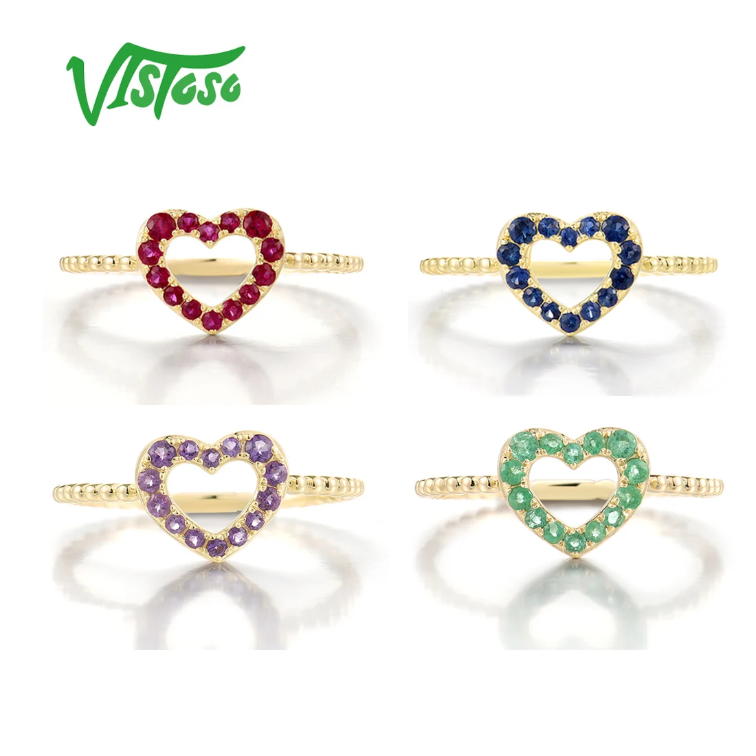 VISTOSO Genuine 14K 585 Yellow Gold Ring For Women Sparkling Amethyst/Ruby/Sapphire/Emerald Heart Shaped Ring Fine Jewelry