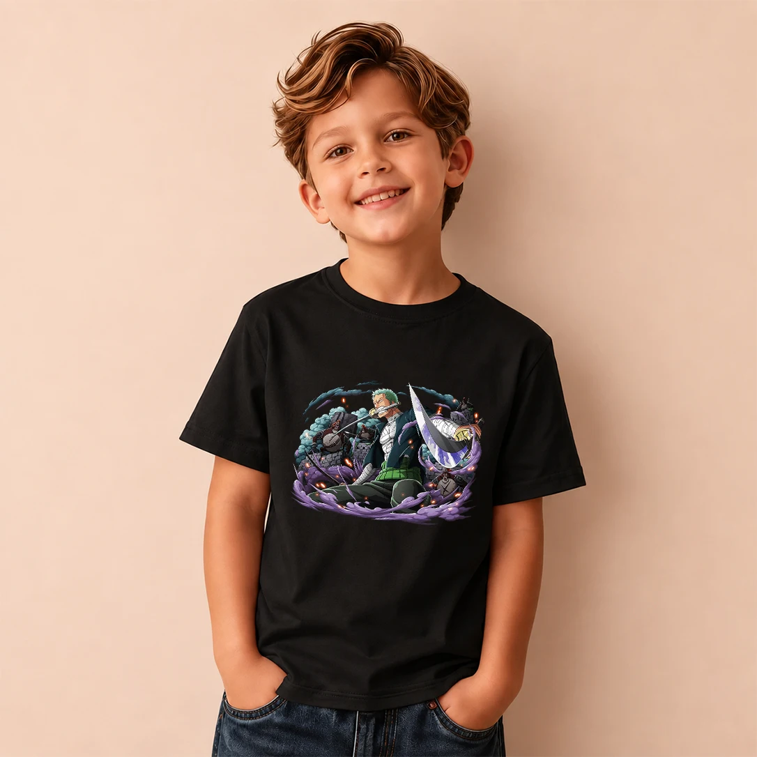 Kids T‑Shirt One Piece Roronoa Zoro Anime Battle Print Short Sleeve Casual Tops Boys Girls Children Daily Wear Tees