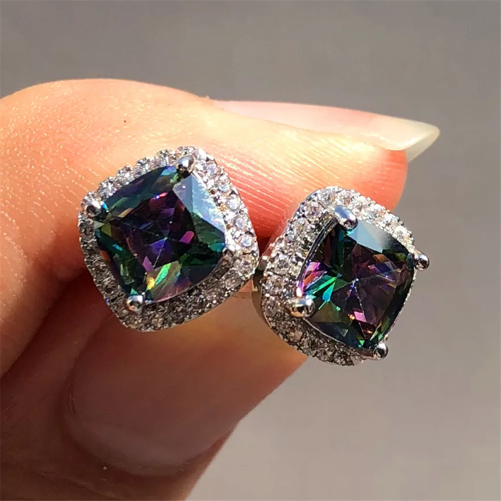 Luxury Female Yellow Pink Stone Earrings Fashion Silver Color Wedding Jewelry Vintage Double Stud Earrings For Women