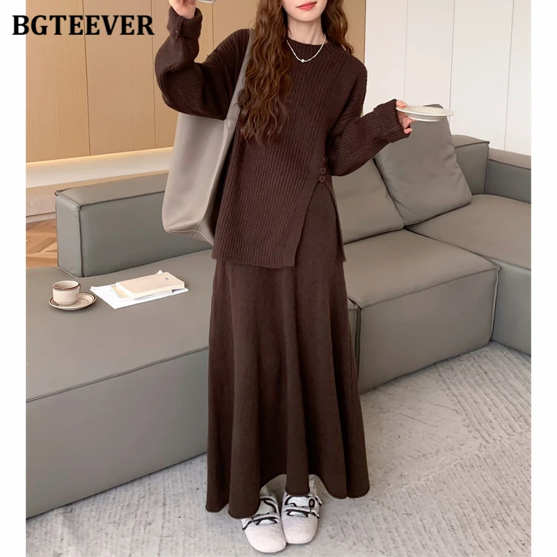 BGTEEVER Casual Warm Loose Women 2 Pieces Knitted Outfits O-neck Side Split Pullovers Sweaters & High Waist A-line Skirts