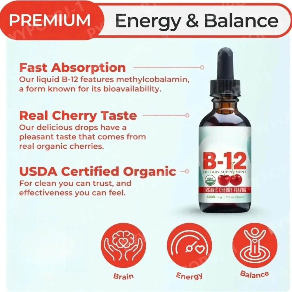 Vitamin B12 Sublingual Liquid Drops Nerve Energy Support Methylcobalamin 5000mcg for Mental Clarity Mood Balance 2 Fl Oz (60ml)