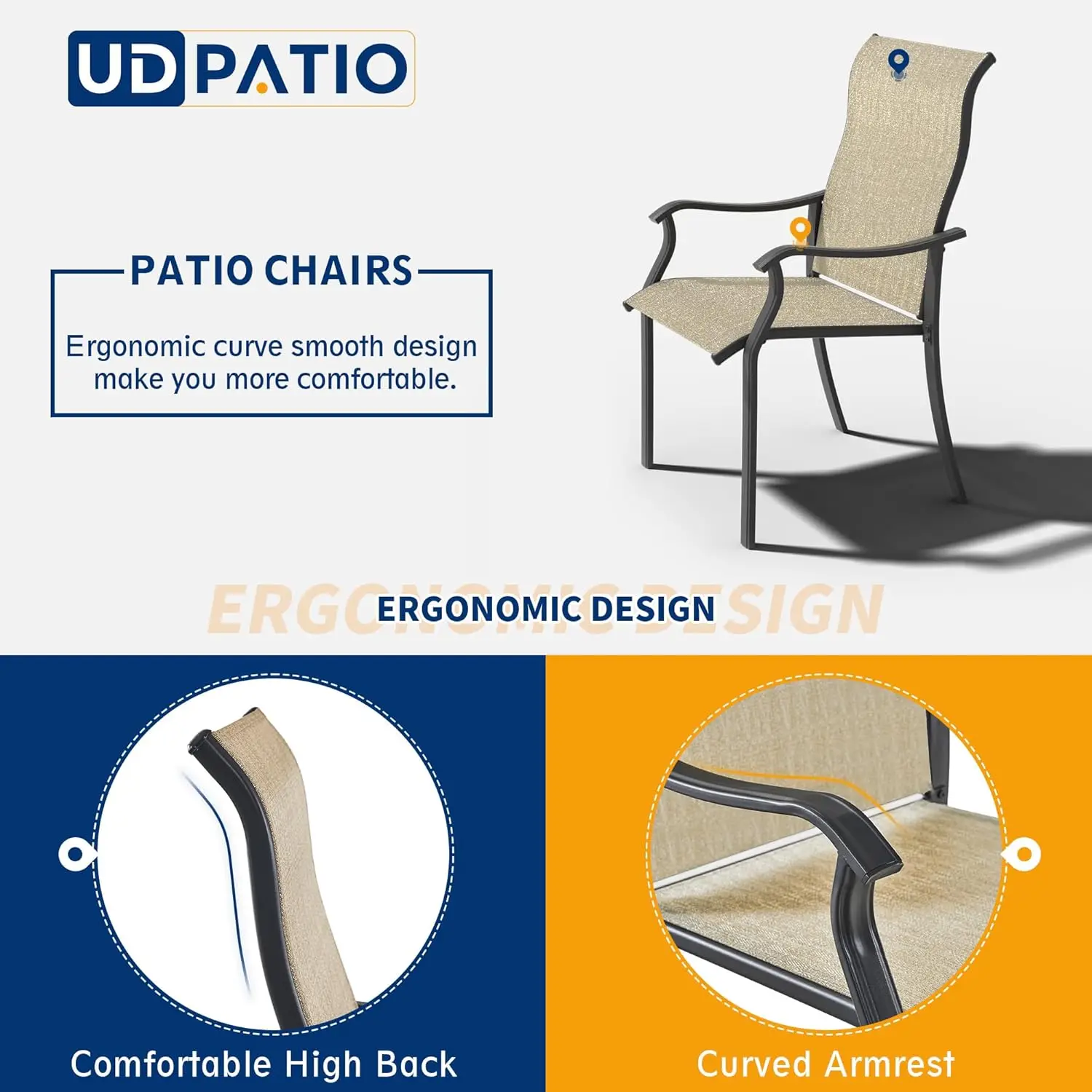 .CChairs-Ensemble de 6 chaises de salle à manger d'extérieur avec dossier haut, chaises de salle à manger en textilène avec accoudoir, pelouse, jardin, terrasse d'arrière-cour