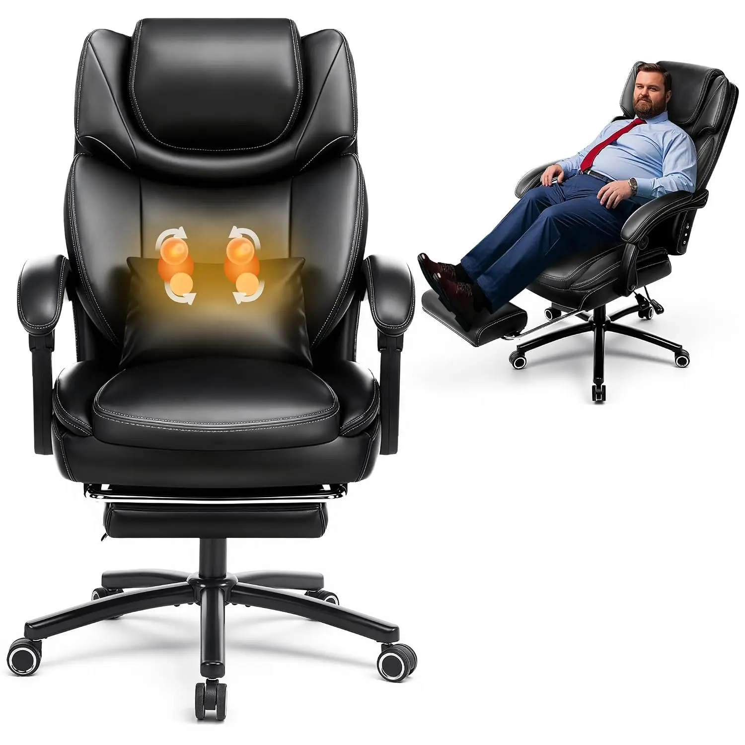 3D Kneading Massage Office Chair with Footrest, Ergonomic Reclining Gaming Chair, Padded Linkage Armrests, Heavy Duty Base, 500l