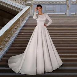 Msikoods elegancka satynowa suknia ślubna 2025 dostosowane długie rękawy skromna suknia dla panny młodej muzułmański guzik linia damska suknia ślubna