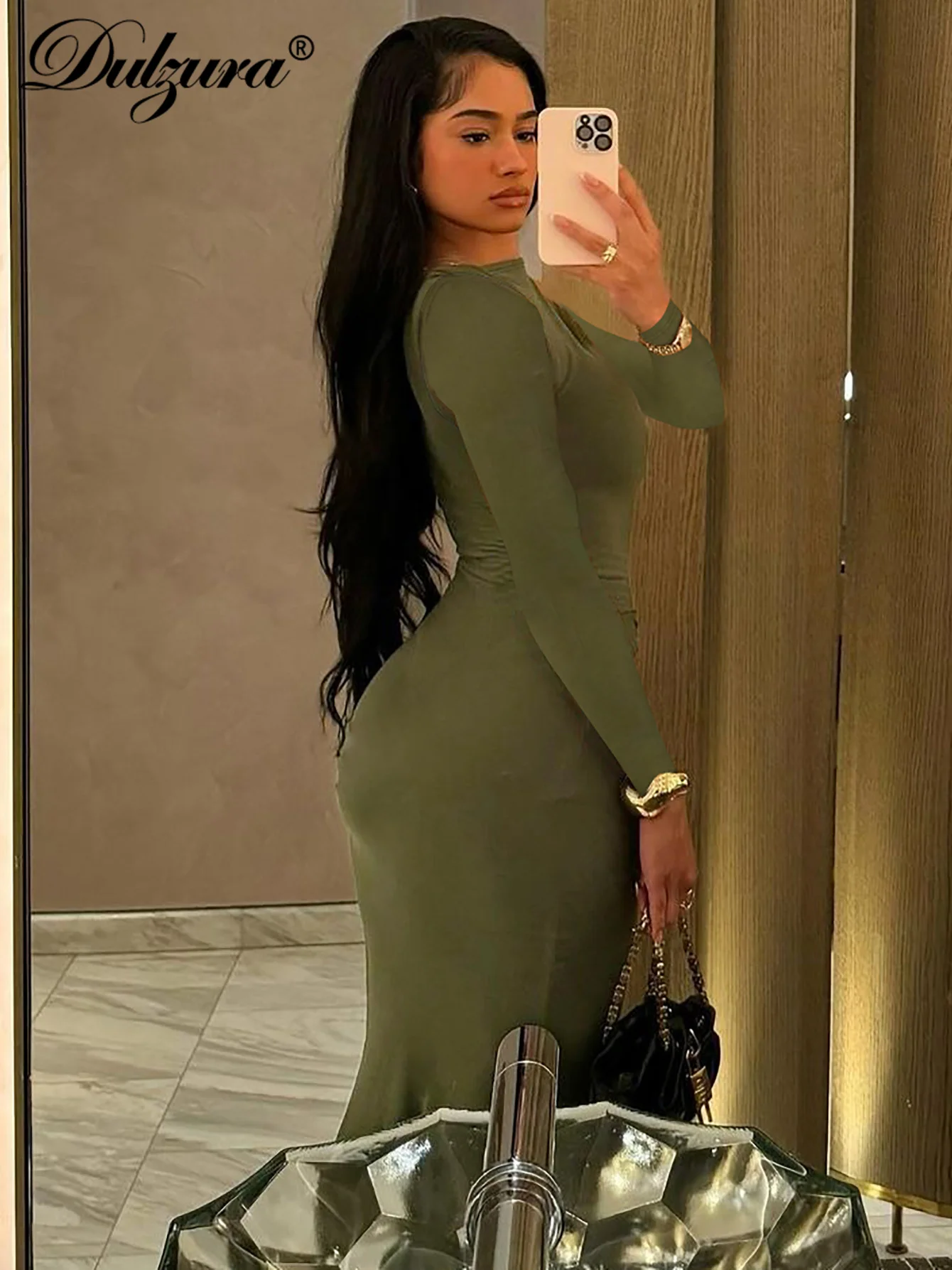 Dulzura Elegant Solid Long Sleeve Maxi Dress Bodycon Ruched Simple Women Clothes Cocktail Evening Party Dresses Y2K Wholesale