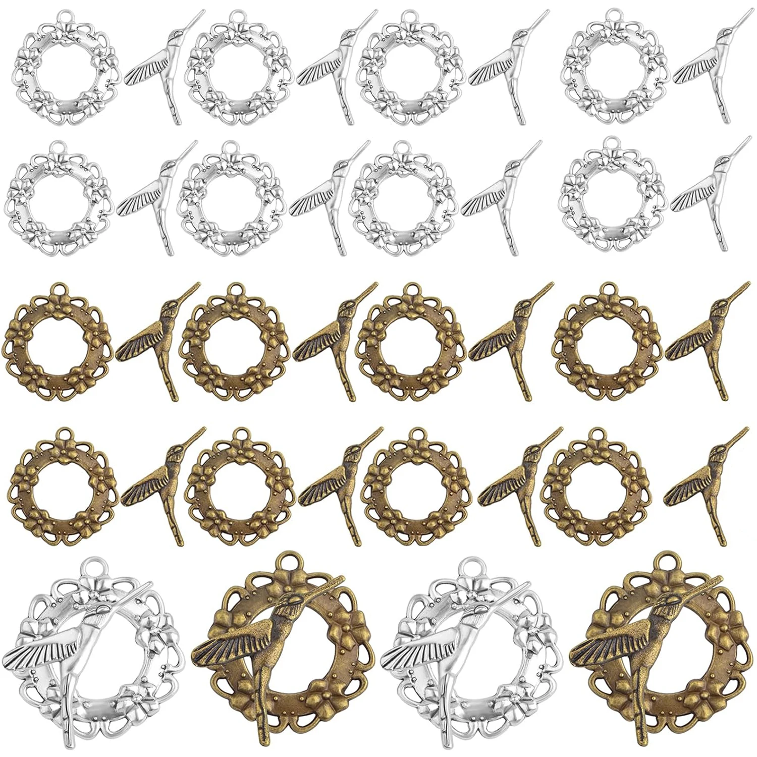 

40pcs Round Flower Bracelet Toggle Clasps Bird Shape Bar Tibetan Closure Filled Ring Clasps Fastener Hook Toggle Connectors