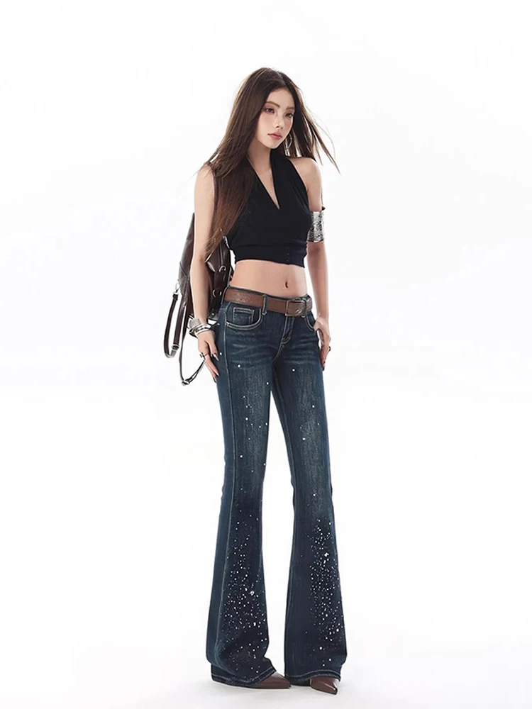 REDDACHiC Women's Low Waist Rhinestone Jeans Concert Party Slim Fit Do Old Stretchy Bootcut Pants Bell Bottoms Y2K Streetwear