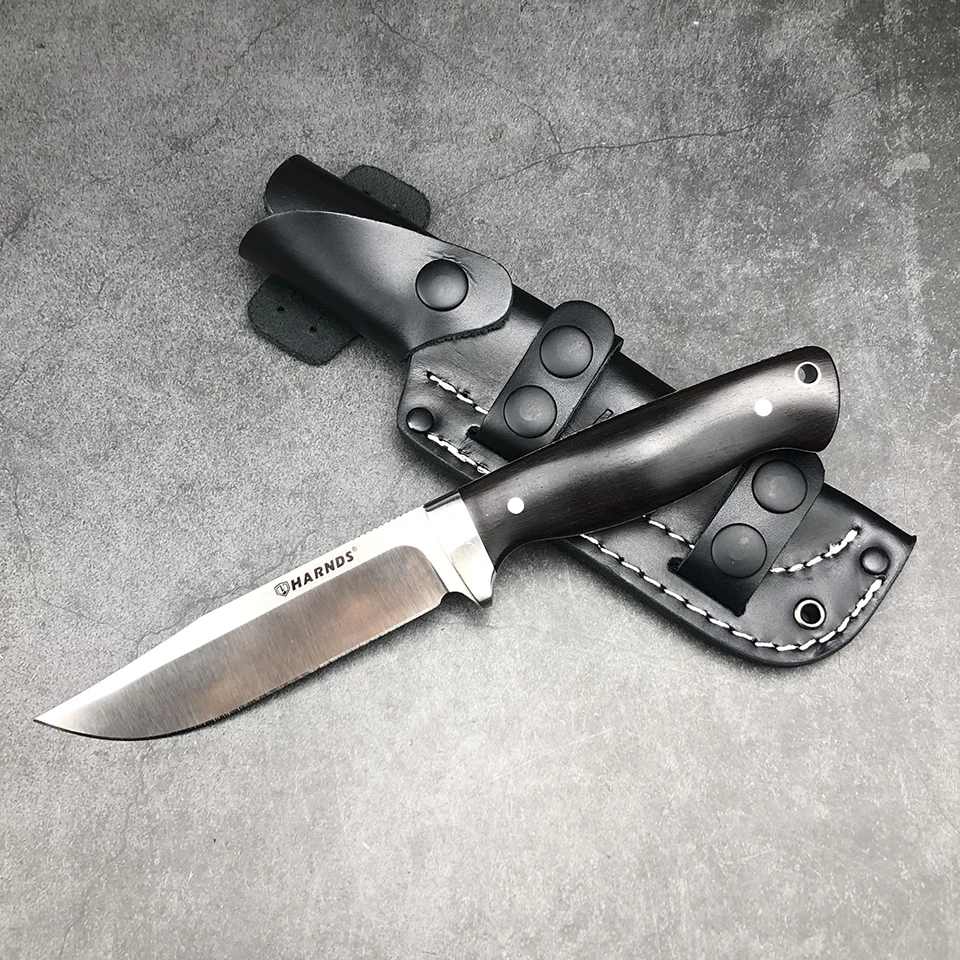 HARNDS Defender D2 Tactical Full Tang Fixed Blade Bowie Knife G10 Ebony Handle Outdoor Survival Camping Kydex Leather Sheath