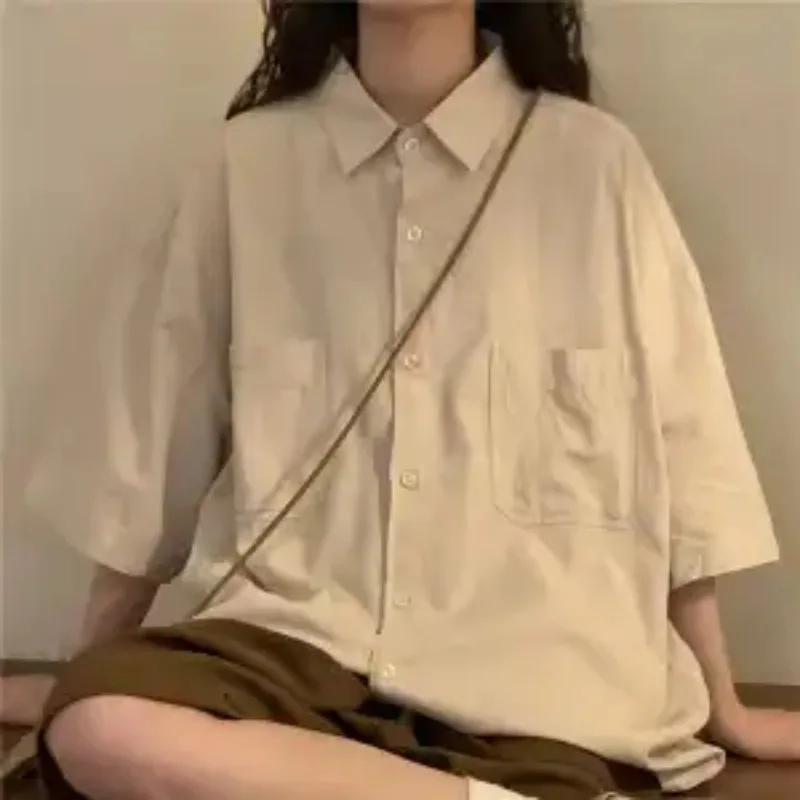 

Women's Beige Oversized Half Sleeve Button Down Shirt with Striped Tie Pocket Detail Casual Preppy Top