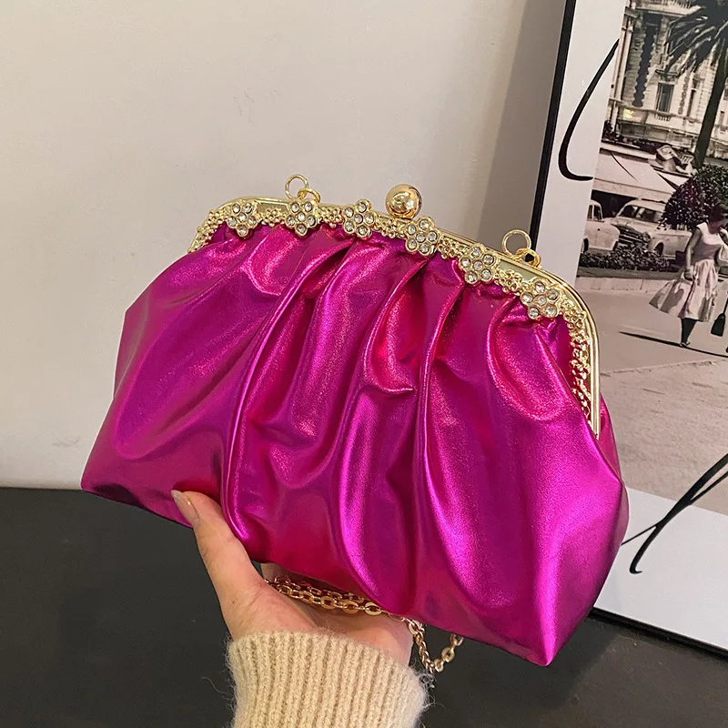 Glitter Laser Women's Leather Cloud Bag 2022 Retro Chain Crossbody Bag Luxury Women's Bag Pleated Dumpling Handbag Party Clutch