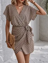 European and American cross-border women's elegant geometric pattern tied bow V-neck dress