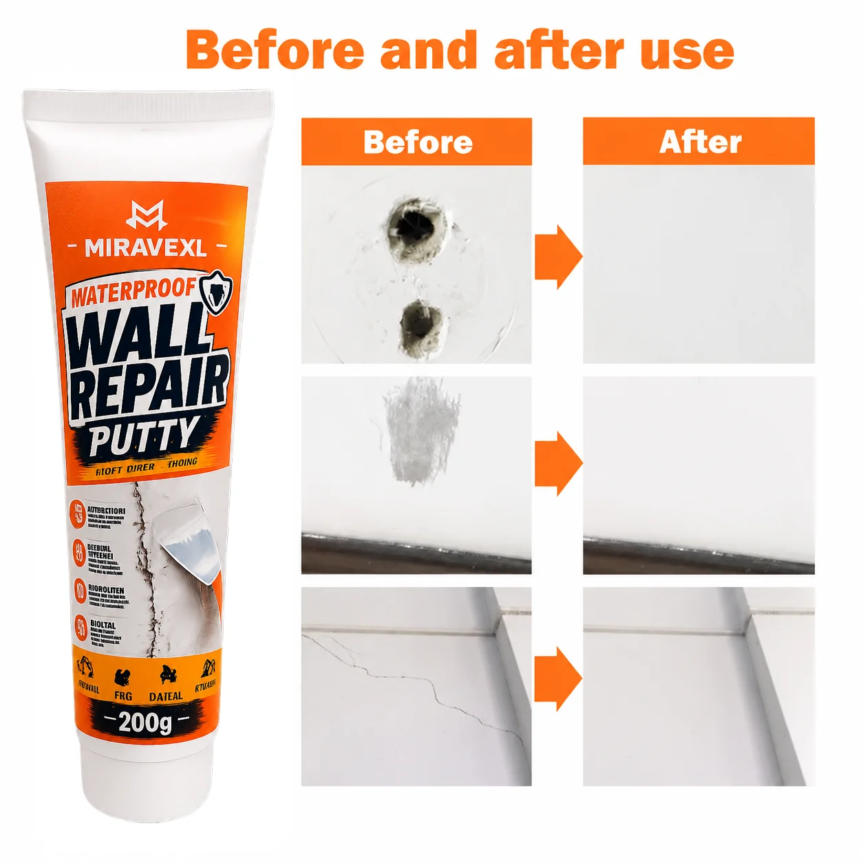 Wall Repair Putty Kit 200g Waterproof Spackle Paste with 2 Sandpapers Scraper Gloves forHome Crack Hole Fix DIY Tool Wall Tools