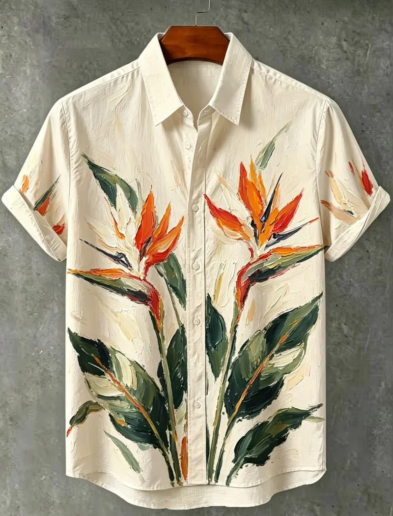 Men's Tropical Botanical Brushstroke Print Casual Shirt, A Breathable Piece That Blends Artistic Flair With Casual Summer Style