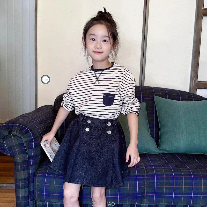 

Teen Girl Clothes Waist Shell Button Denim Skirt and Top Kids Versatile Casual Outfits Children Costumes Vintage Girls Elastic
