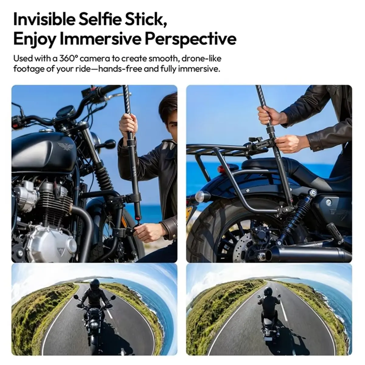 VL03 Motorcycle Selfie Stick Holder with Super Clamp for Action Cameras 360° Rotating Bike Mount Bracket