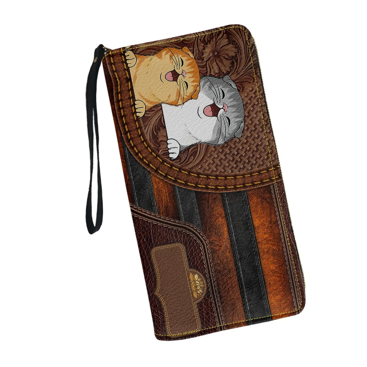 Cartera de cuero con diseño de gato y Animal para mujer, monedero con cremallera, portatarjetas, bolso de mano