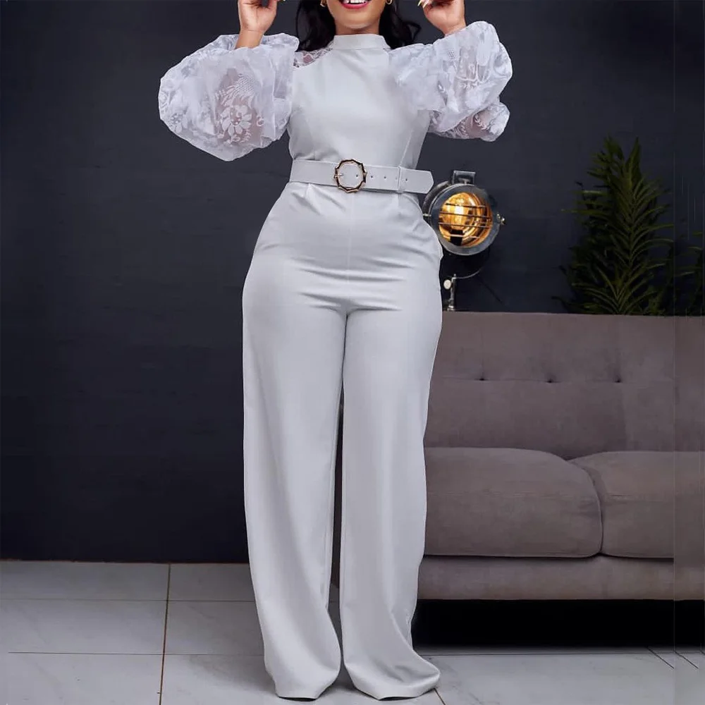 

Elegant Jumpsuits for Women Luxury Round Neck Full Sleeve Belt Waisted High Waisted Straight Female Birthday Party Celebrate New