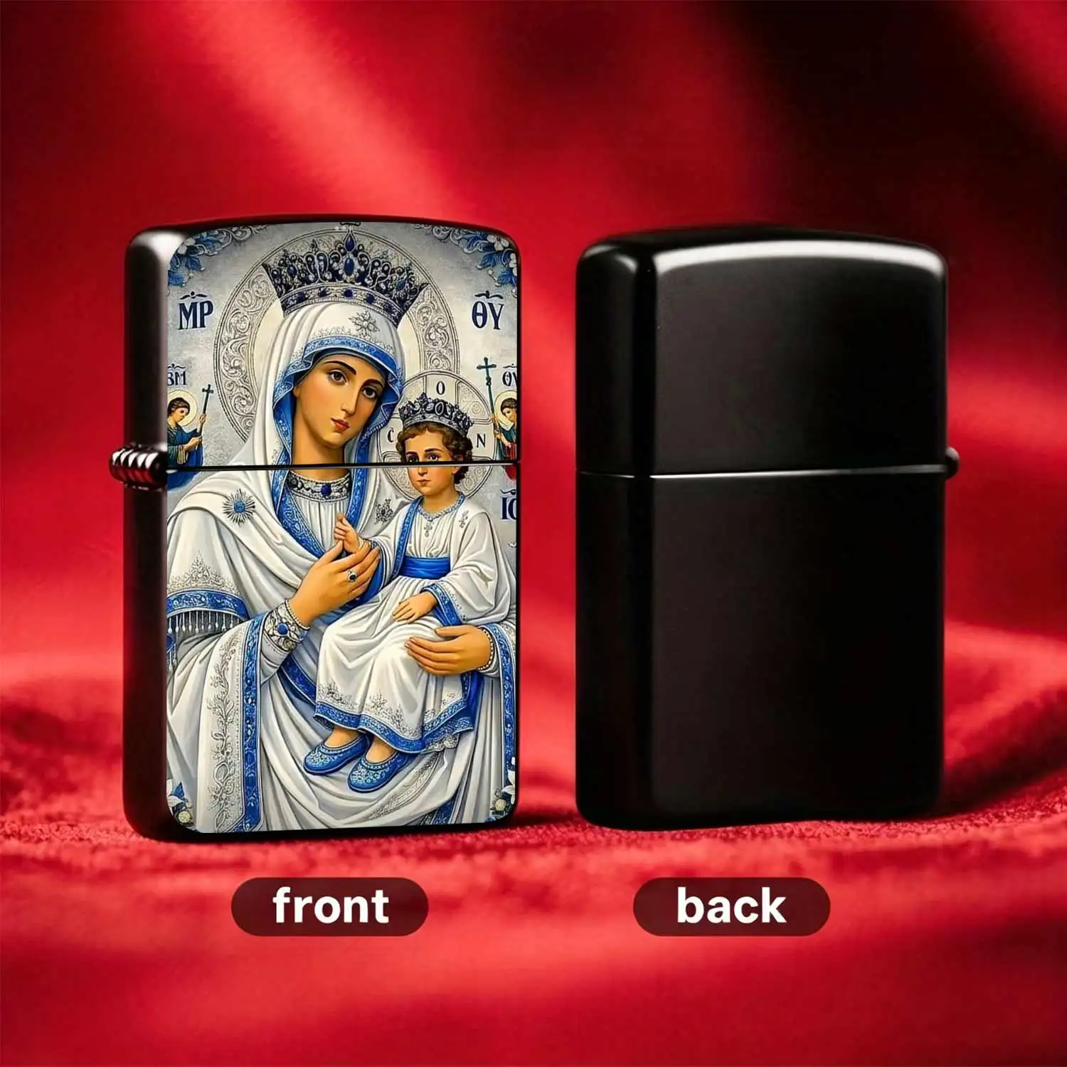 Reusable Flip-top Pocket Metal Windproof Lighter Adorned with Blue and White Religious Pattern of Virgin Mary and Child, Featuring Retro Exquisite Appearance, Portable and Durable for Daily Carry and Collection, Combining Practical