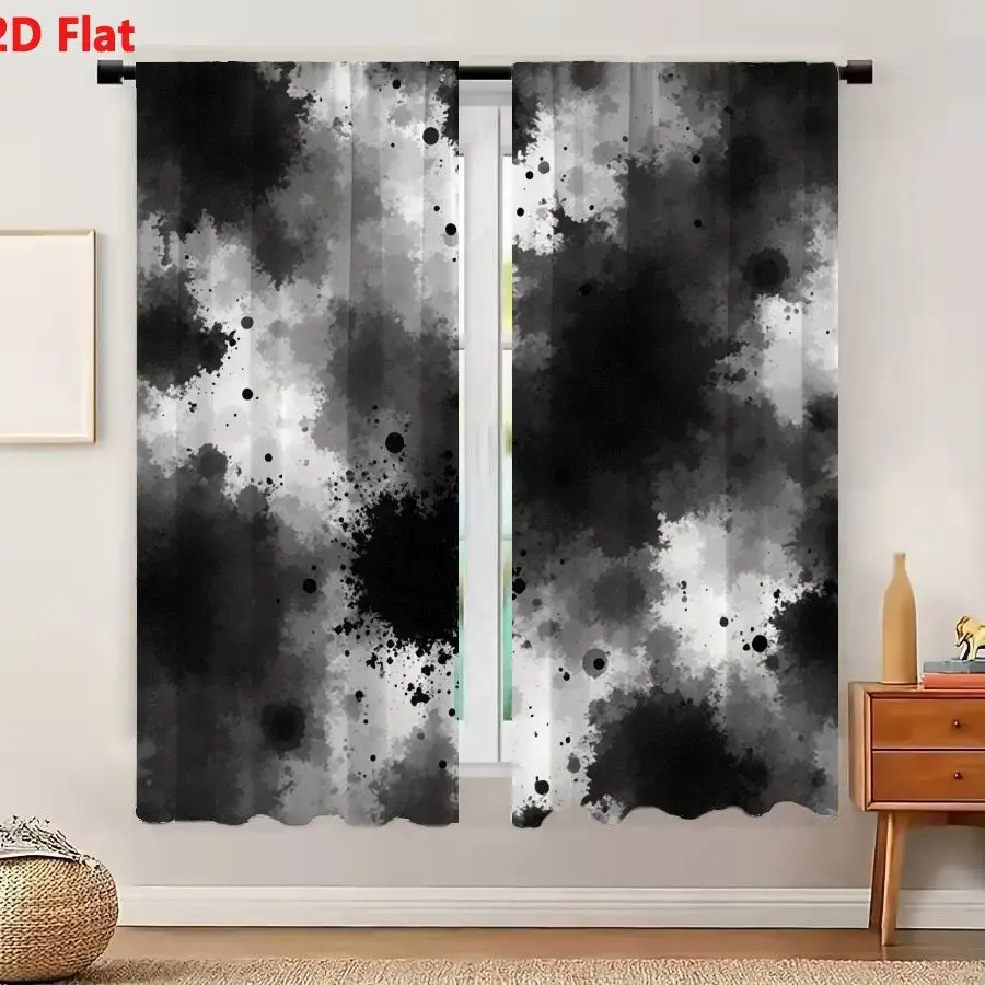 2Pcs Curtains 2D Flat Monochromatic Abstract Ink Splatter Composition With Dynamic Smudges And Textured Grayscale Cloud Patterns