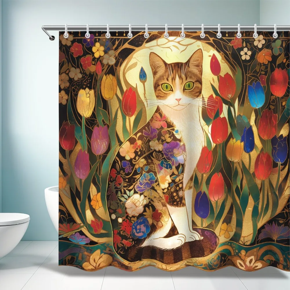 

Моющаяся грязеотталкивающая занавеска для душа с изображением кота и цветка-тюльпана, водонепроницаемая полиэстеровая занавеска для ванны для домашнего декора