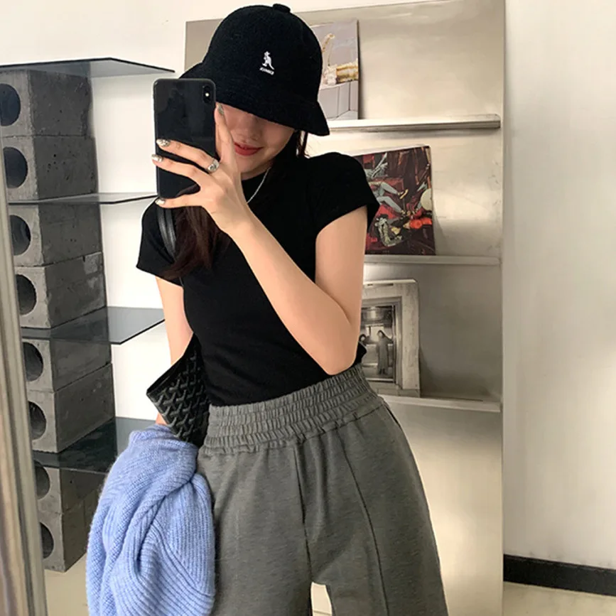 10 Colors Pink Korean Fashion Crop Tops Women O-neck Slim Y2K Kpop T-shirts Vintage Goth Black White Cheap Clothes Woman Tshirts