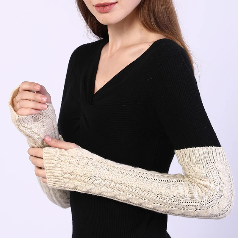 50cm Knitted Twist Women Arm Sleeve Solid Color Thermal Arm Sleeves Decor All-match Fashionable Long Knitting Fingerless Glove