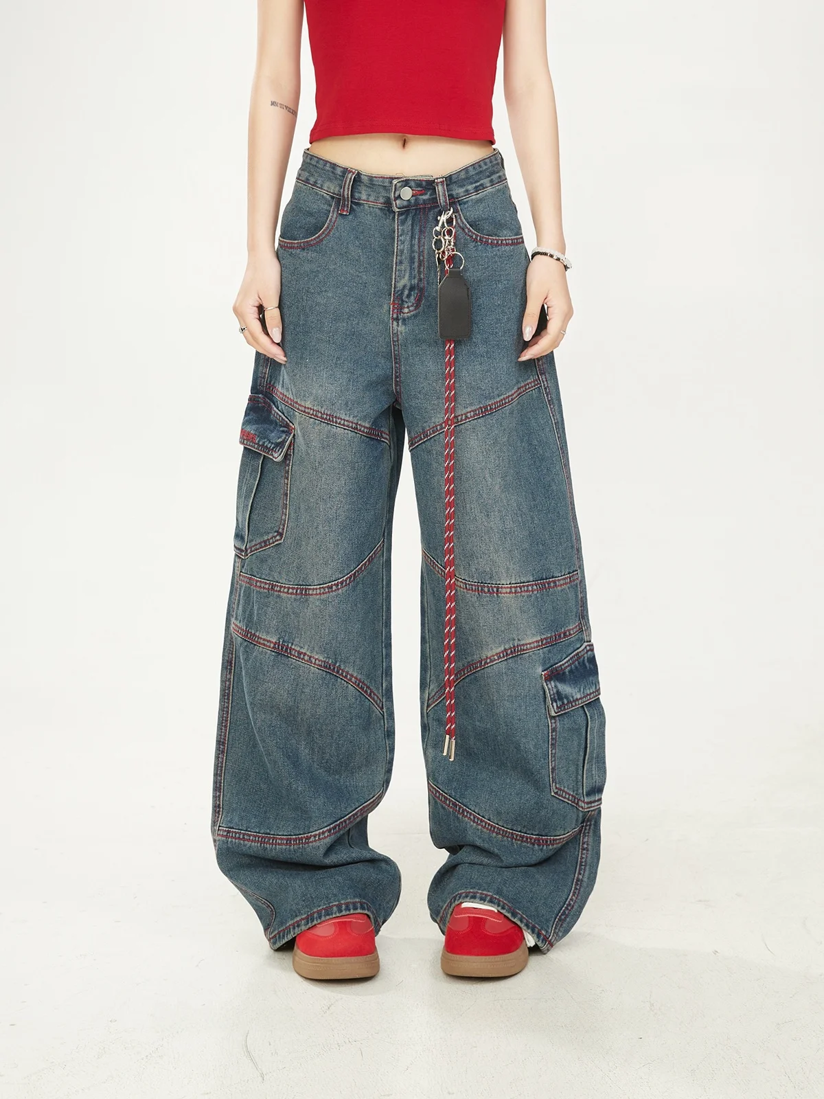 

Washed Vintage American High Street Loose Women's Jeans Wide Leg Workwear Trousers Casual Style Natural Waist Long Pants