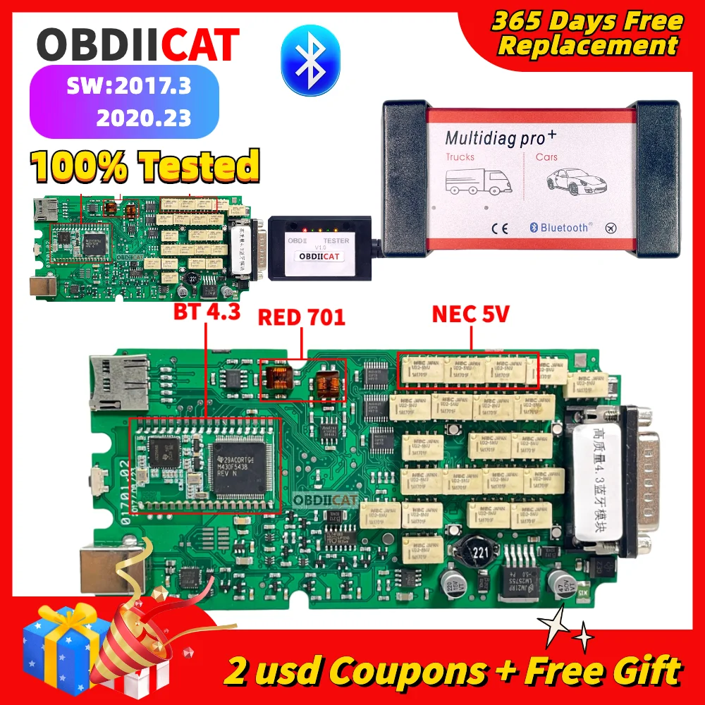 OBDIICAT Multidiag Pro+ TCS PRO 2021.11 / 2020.23 Keygen Green PCB Single Board BT OBD2 Auto Dignostic Scanner Tool MVD