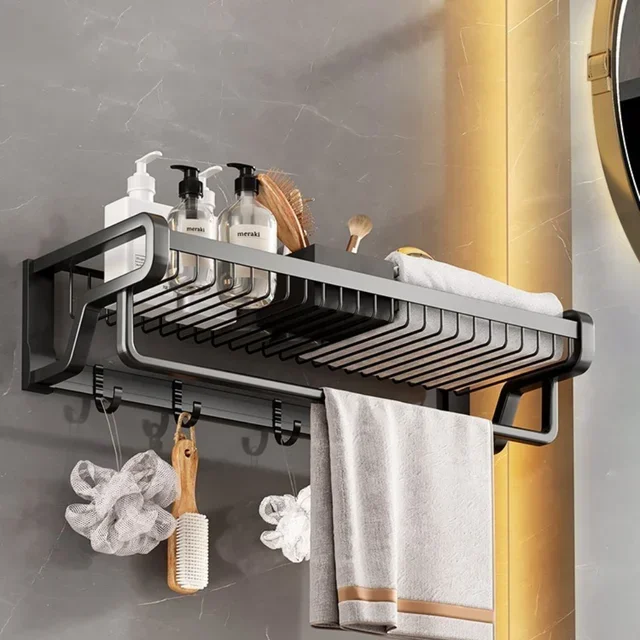 Bathroom Towel Holder With Hook Clothes Toiletries Storage Basket Aluminum Shower Bar Rail Toilet Shelf Bathroom Kitchen Shelf