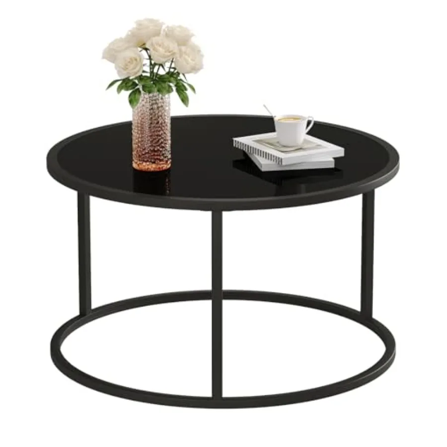 

Black Glass Coffee Table Small Round Coffee Tables 27.6In Modern Tempered Glass-Top Accent Center Table for Living Room Home Of