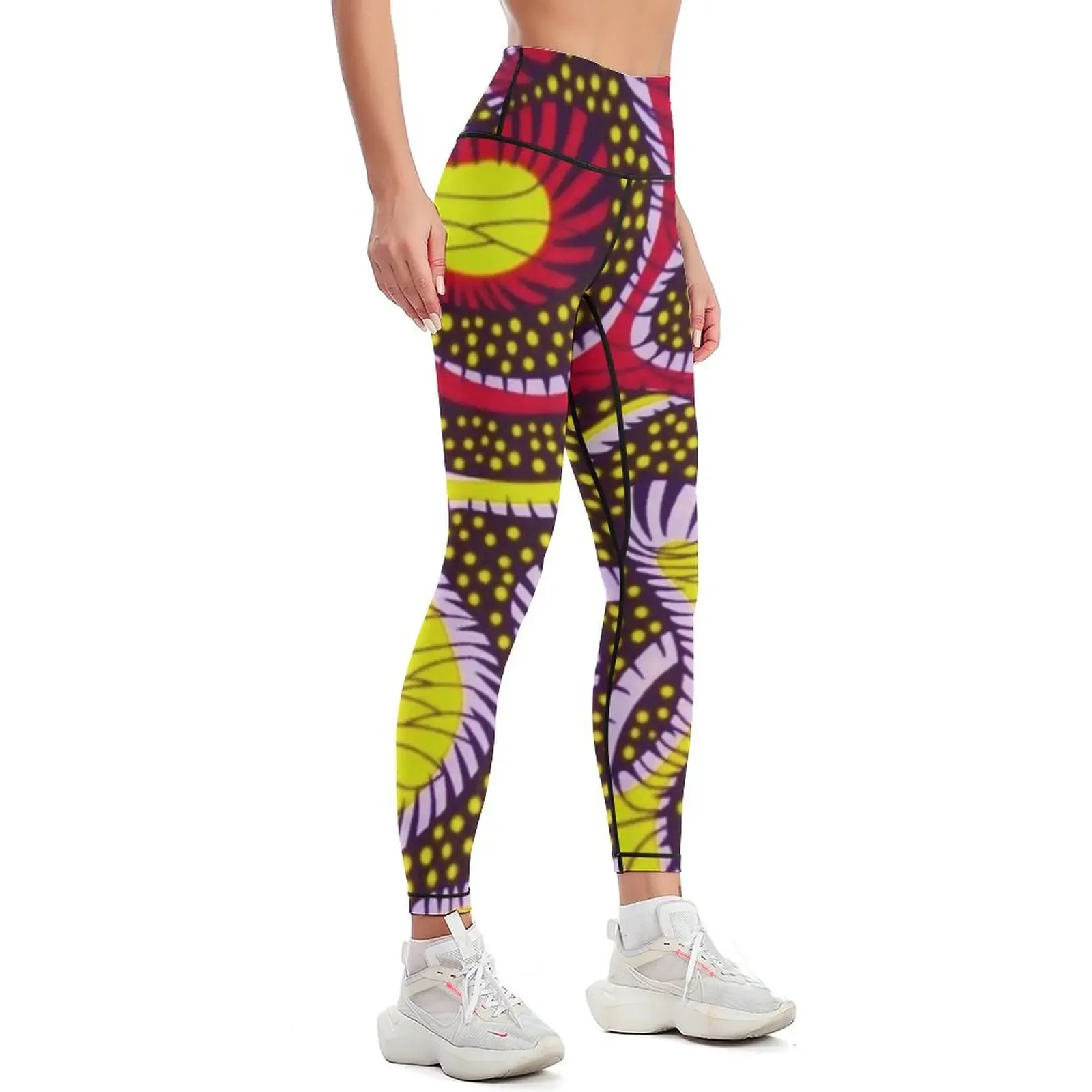 Hand Drawn African Tribal Print (Ankara) with Yellow/ Gold, Red/ Crimson, Purple/ Thistle and Black Tones - Abstract Le Leggings