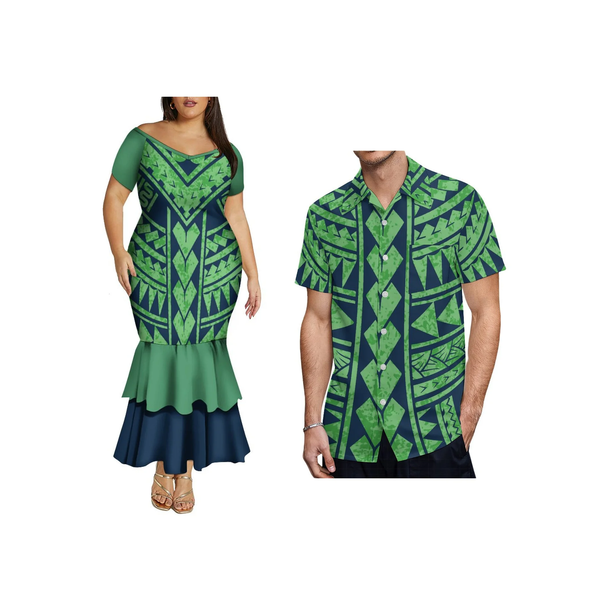 Preço de atacado personalizado plus size roupas de casal samoan puletasi vestido feminino o-pescoço vestido de baile combinando camisa de manga curta masculina