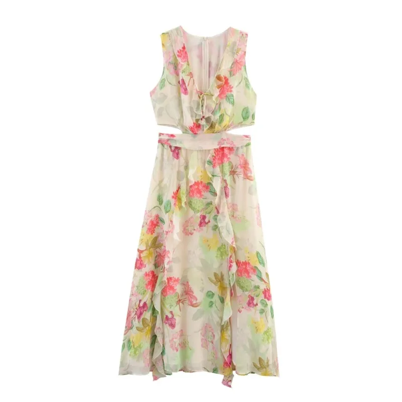 Abito lungo con stampa floreale Donna 2025 Nuova estate elegante scollo a V senza maniche scava fuori abiti longuette Chic Boho Vacanze Abito da spiaggia