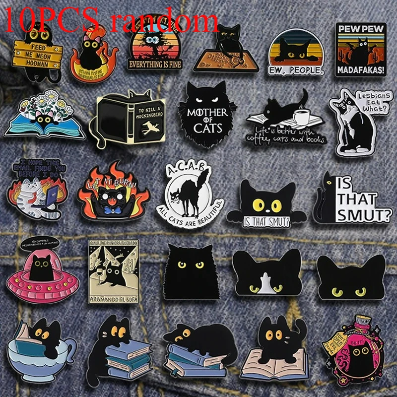 10PCS random Cartoon Punk Black Peeping Cat Brooch Enamel Pins Cute Cat Reading Book Brooches Bag Lapel Badge Jewelry