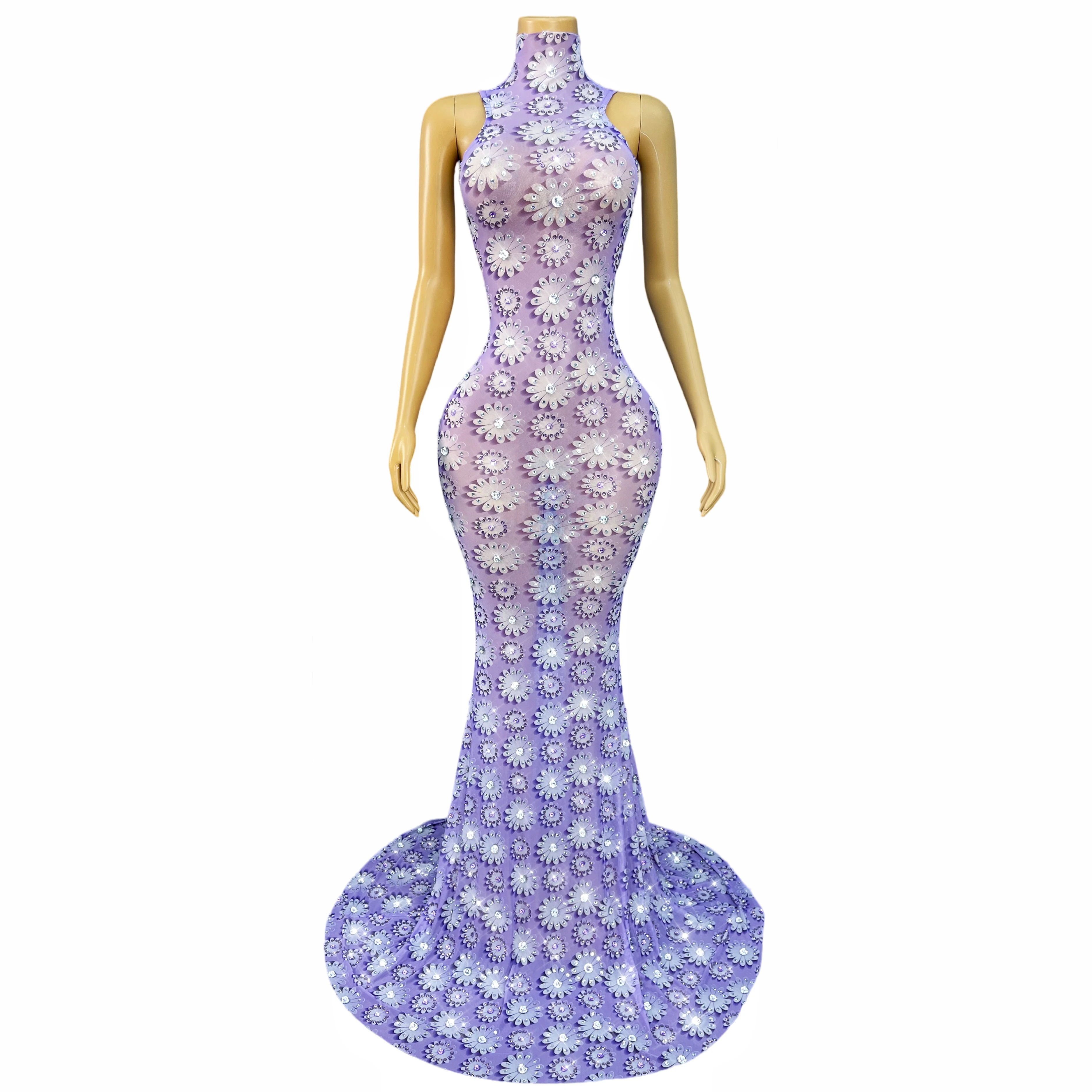 Neues elegantes Blumenmuster entworfen mit glänzenden Strasssteinen, Meerjungfrauenkleid, Abendkleid, roter Teppich, Show-Bühnenoutfit, Xiaobaihua