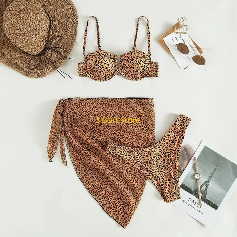

U2JB Three-pieces Female Printed Soft Bag Knotted Women Sexy Bathing Suit Beachwear Perspective Popular Split Swimwear