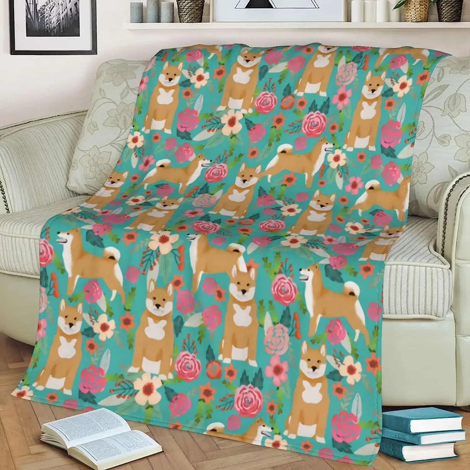 Cute Shiba Inu Dogs Lovers Green Rose Flower Floral Funny Animals Puppy Dog Blanket throw Ultra Soft Light Cozy Flannel