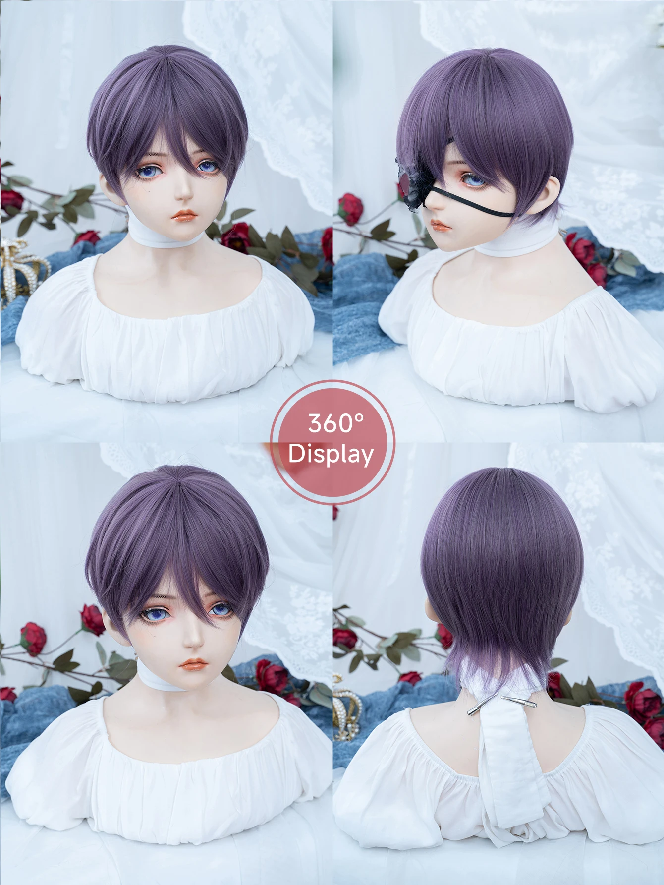 12Inch Purple Handsome Synthetic Wigs With Bang Short Straight Hair Wig For Man or Women Daily Use Cosplay Party Heat Resistant