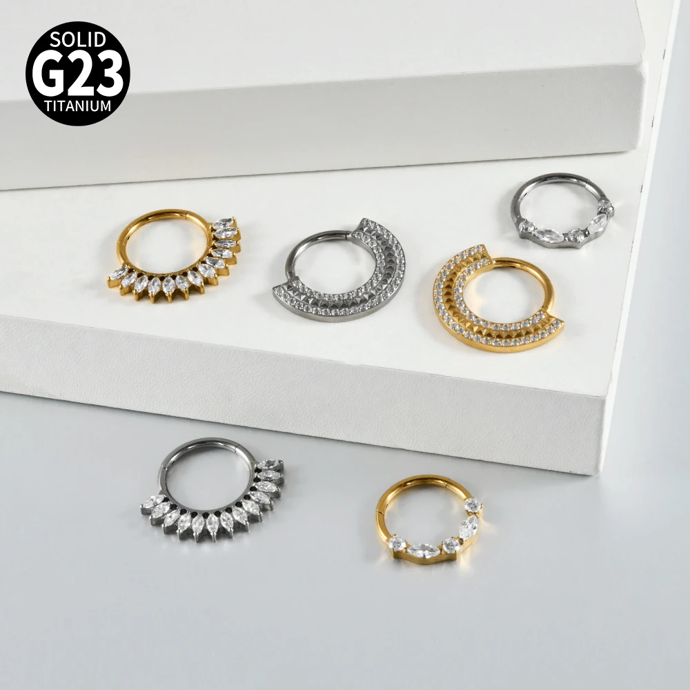 G23 Titanium Carving Zircon Hinged Septum Clicker Piercing Marquise Zircon Nose Ring Ear Cartilage Hoop Daith Helix Jewelry 16G
