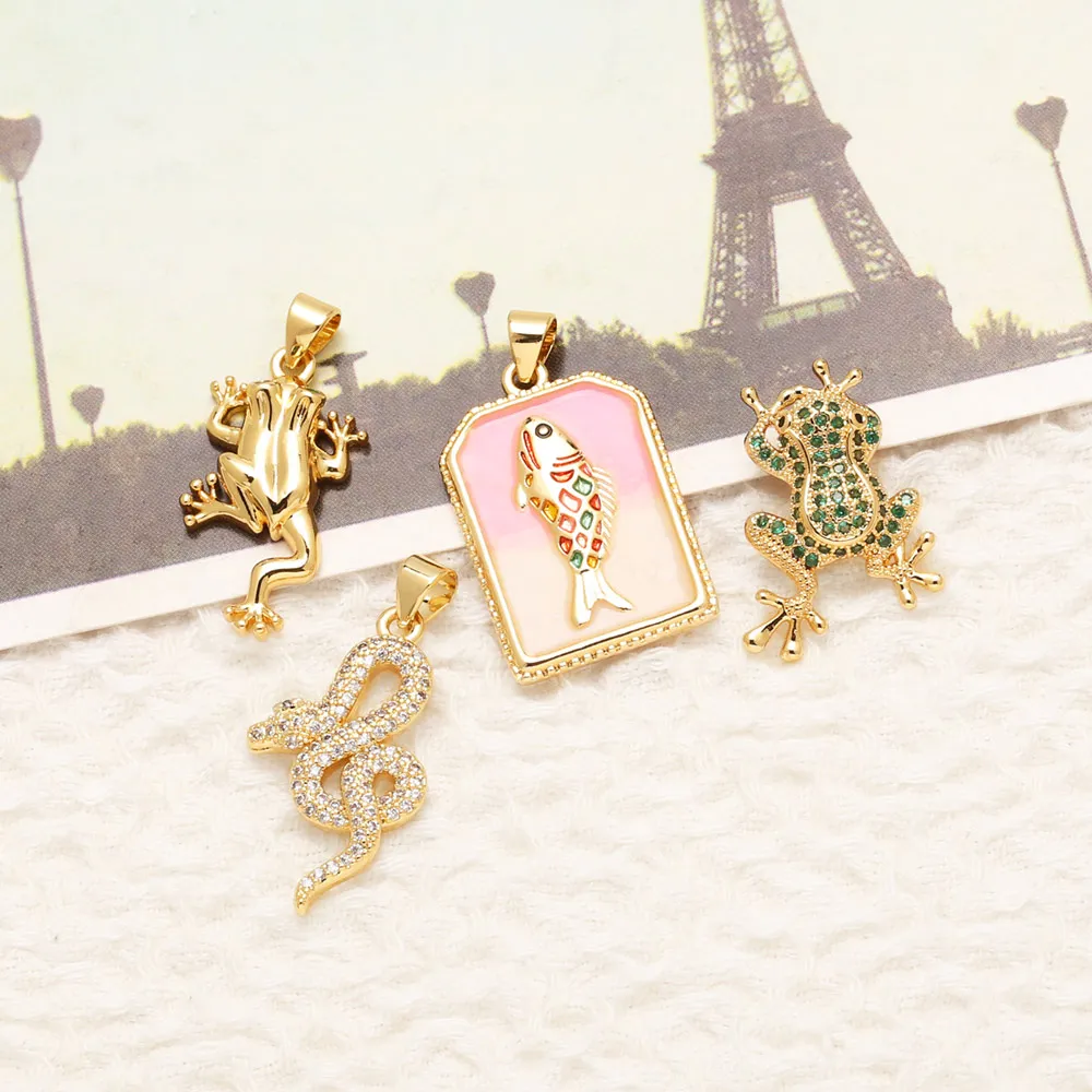 OCESRIO White Crystal Snake Frog Pendant for Necklace Copper Gold Plated Rainbow Enamel Fish Jewelry Making Supplies pdtb571