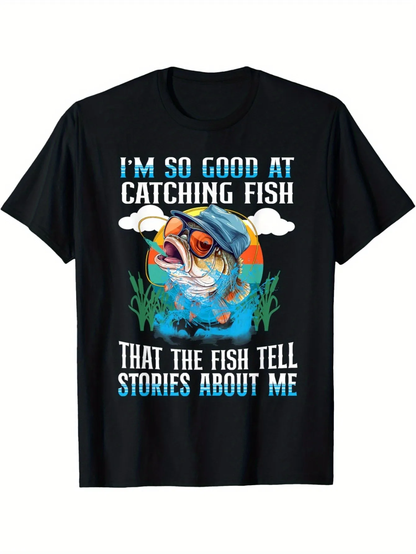 

Men's Fun Fishing Graphic Tee Soft Cotton, Breathable Comfortable, Vibrant Blue Orange with Fashion Glasses Fish Print